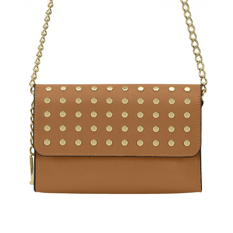 Bolsa Vizzano camel vista lateral mostrando detalhes das tachas douradas e acabamento